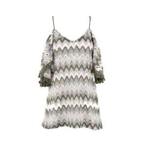 VaVa Sz XS Olive White Pink Gold Polyester Blend Cold Shoulder Bargello Knit Top